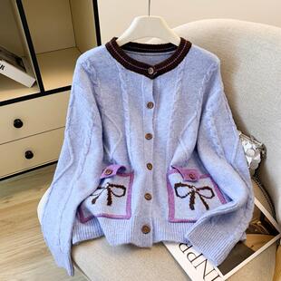 新品学院风甜美蝴蝶结针织开衫女秋冬新款设计感初中生高中毛衣外