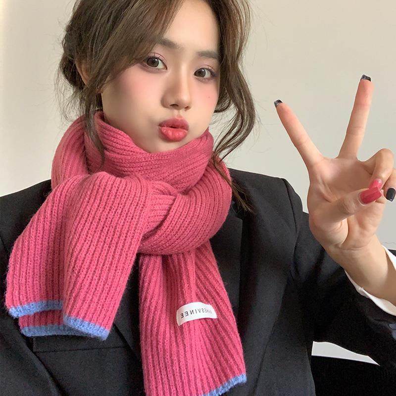 玫红围巾女秋冬季2024新款毛线保暖韩版纯色百搭学生针织披肩围脖