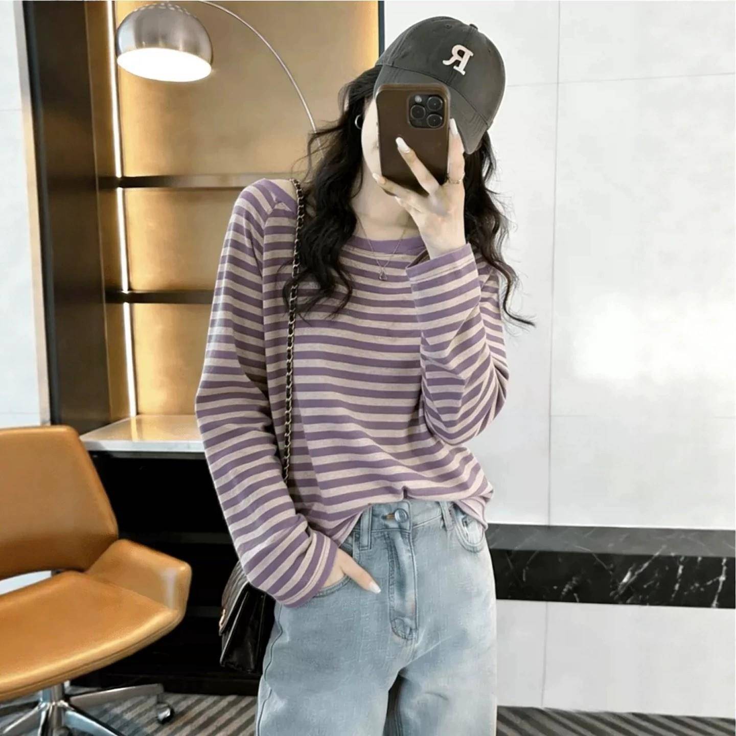 新品韩系chic条纹拼接长袖T恤女2026秋季大码胖MM气质减龄超好看