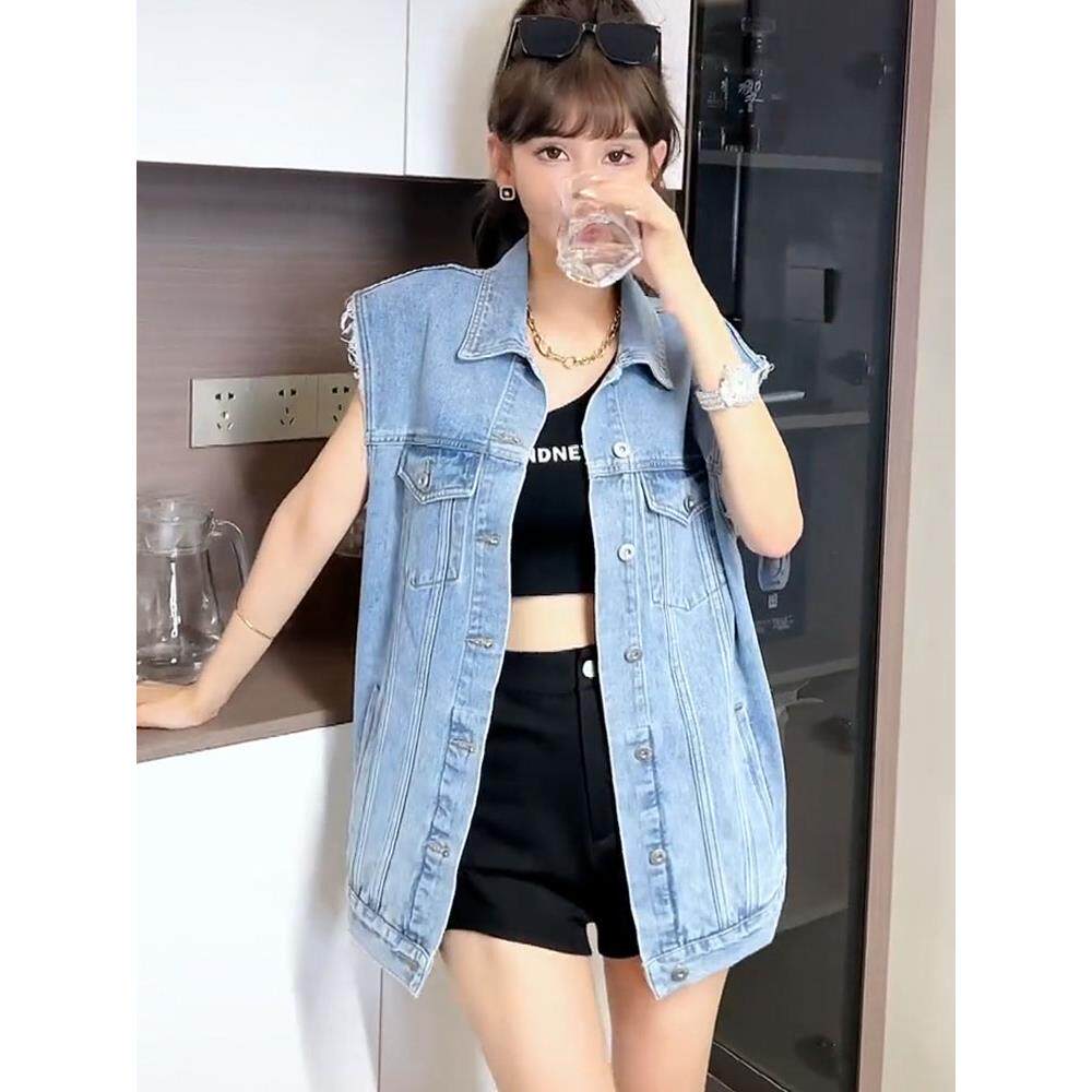 新品蓝色无袖牛仔马甲外套女春秋新款韩版设计感时尚中长款背心马