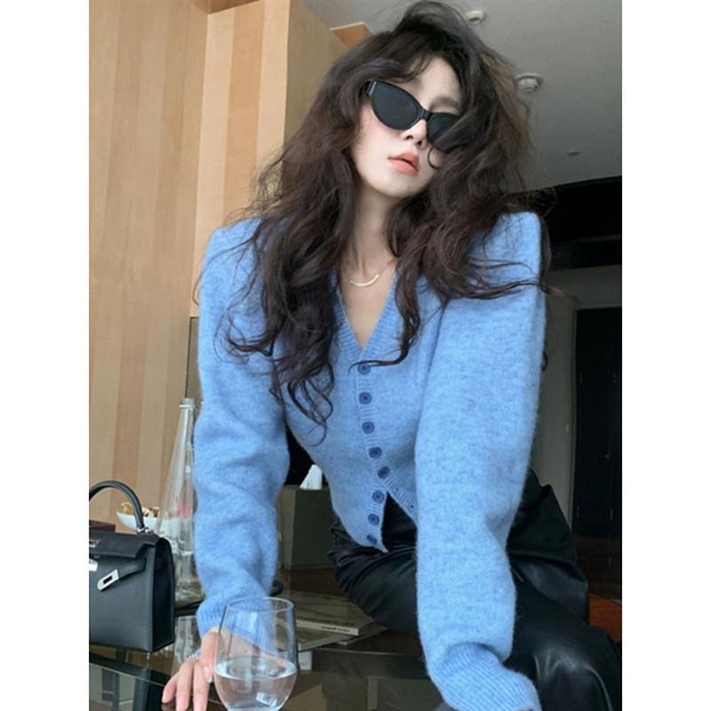 极速韩系高级感蓝色v领浣熊绒毛衣外套女春秋季短款软糯加厚针织