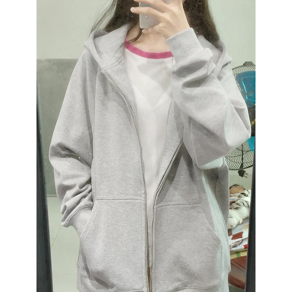 新品白灰色连帽女士卫衣2026新款春秋冬季加绒oversize慵懒风开衫