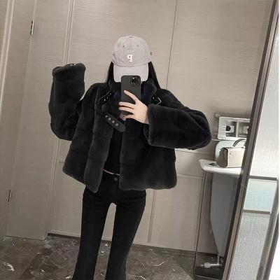 新品黑色兔毛皮草外套女短