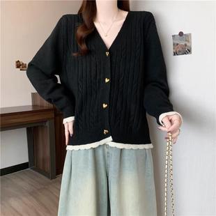 新品黑色小香风V领长袖针织开衫毛衣外套女秋季大码胖mm法式短款