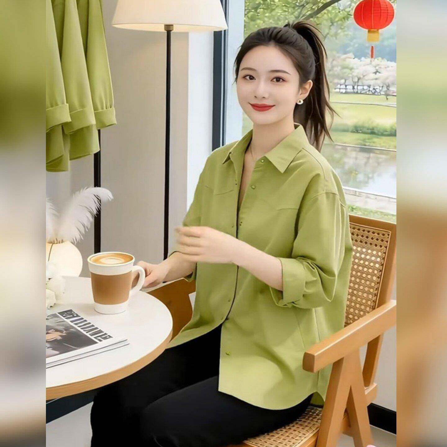 新品大码通勤风牛油果绿显白显瘦衬衫气质减龄精致感休闲上衣2026
