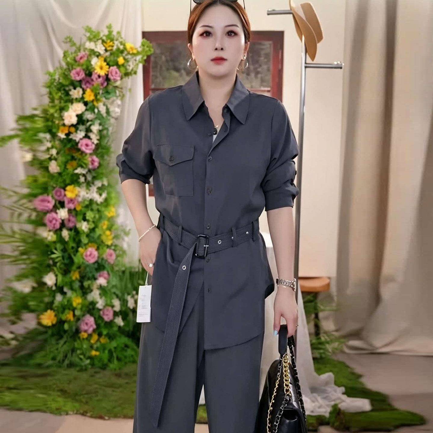 新品大码通勤风翻领条纹长袖衬衫女秋季胖mm收腰绑带气质时尚百搭