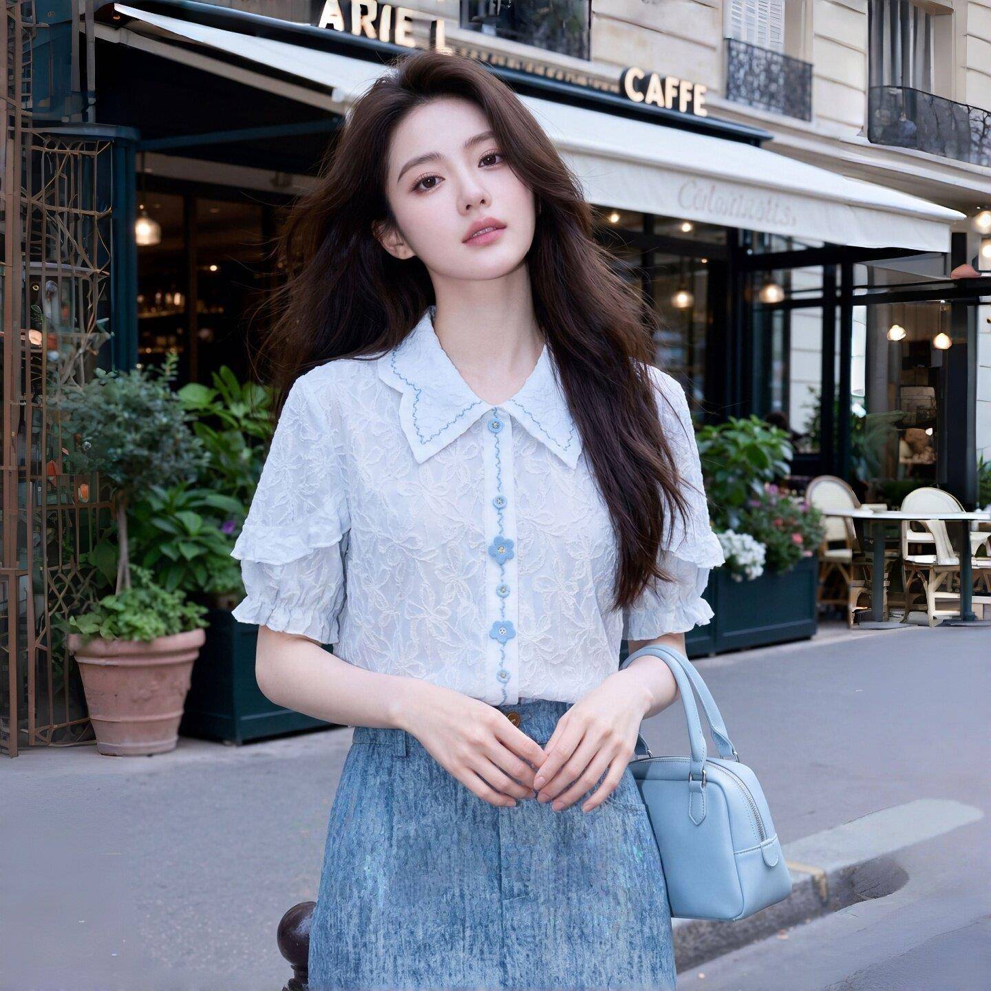 新品绝美蕾丝花瓣娃娃领衬衫2026短袖设计感小众宽松洋气小衫提花