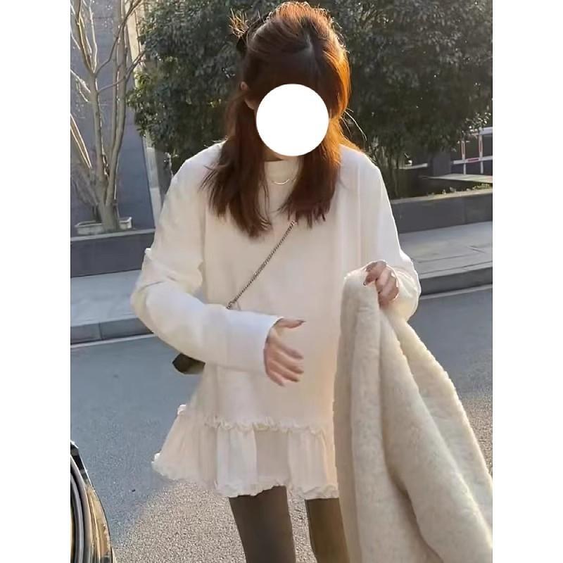 新品白色木耳边长袖T恤女秋季新款大码胖mm宽松纯棉中长款打底衫
