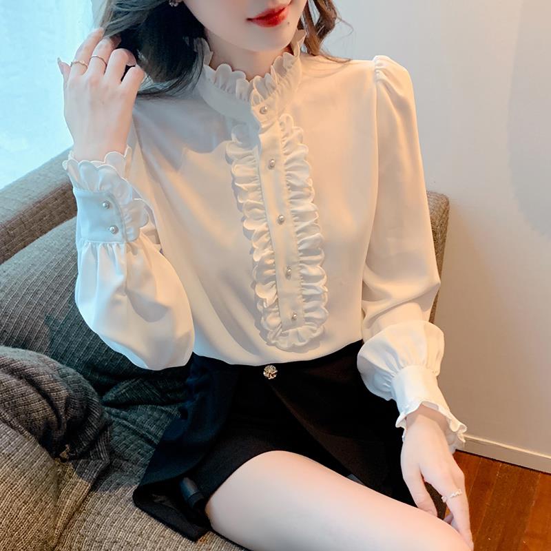 新品2026秋装爆款法式高档木耳边立领长袖衬衫女洋气雪纺小衫打底