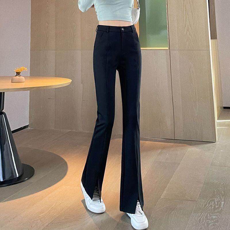 新品黑色开叉喇叭裤女休闲垂感高腰2026修身遮肉显瘦新款微喇西装