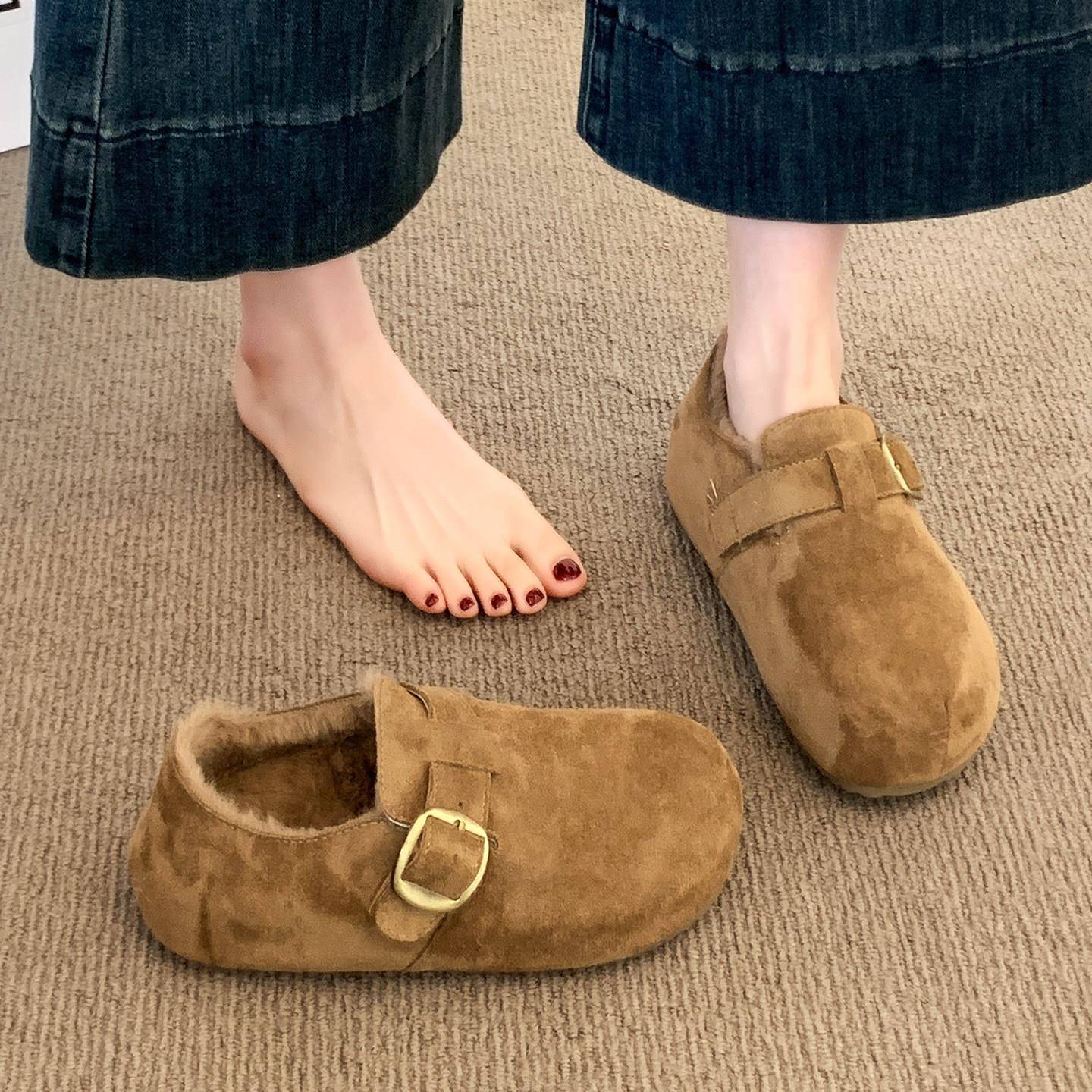 推荐厚底加绒勃肯鞋女豆豆鞋2026新款冬季女鞋子网红复古保暖雪地