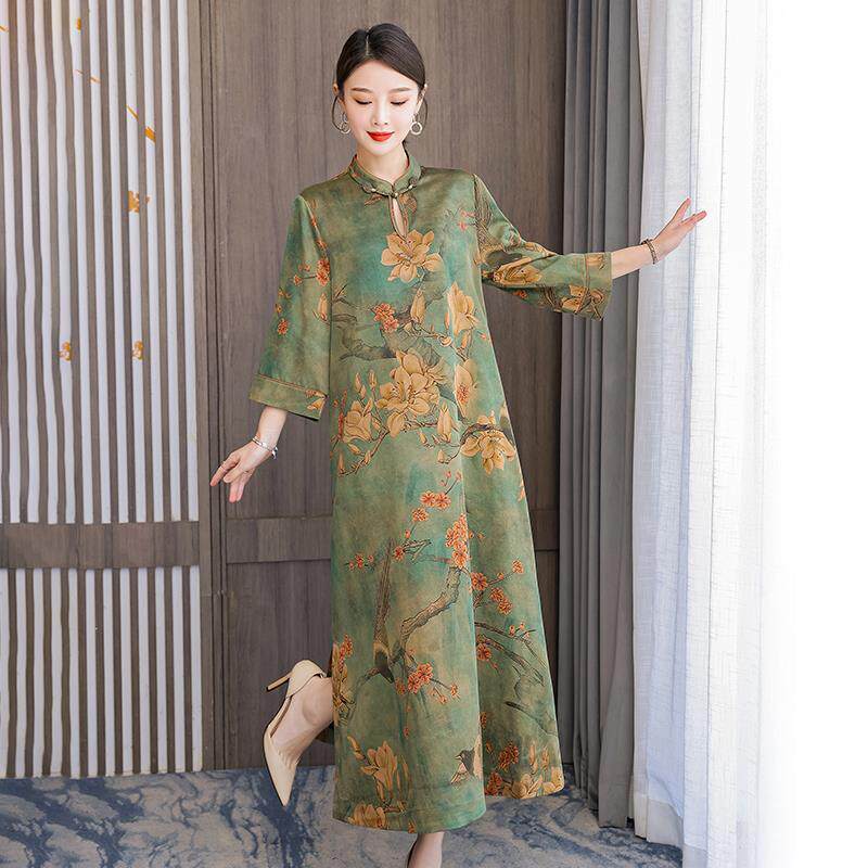 新品中国风高贵改良旗袍裙新款复古立领妈妈连衣裙女莨绸纱长袍