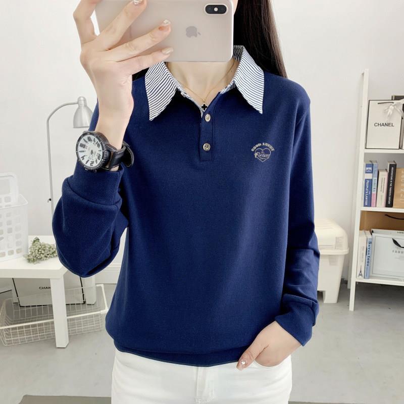 新品假两件polo领条纹长袖T恤女装2026新款春秋宽松薄款卫衣打底