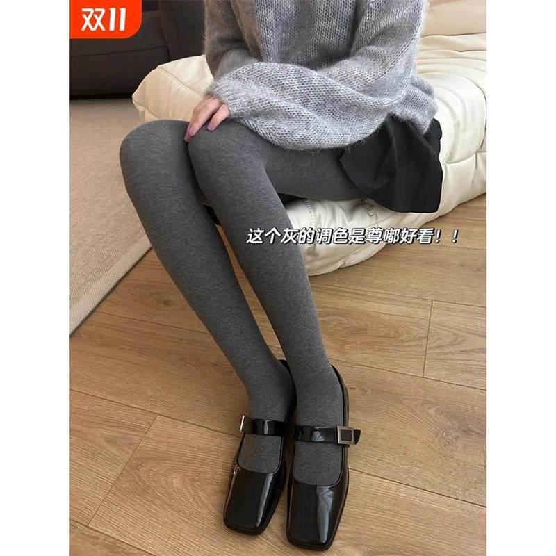 加绒加厚打底裤女秋冬季压力外穿保暖连裤袜灰色瘦腿长筒袜配裙子