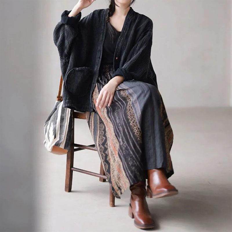 新品女士民族风棉麻半身裙文艺复古印花高腰遮胯a字裙亚麻中长款