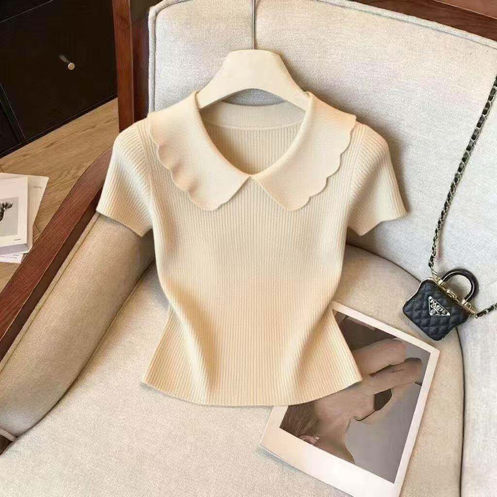 新品今年流行的温柔风娃娃领短袖冰丝针织衫T恤女修身显瘦短款上