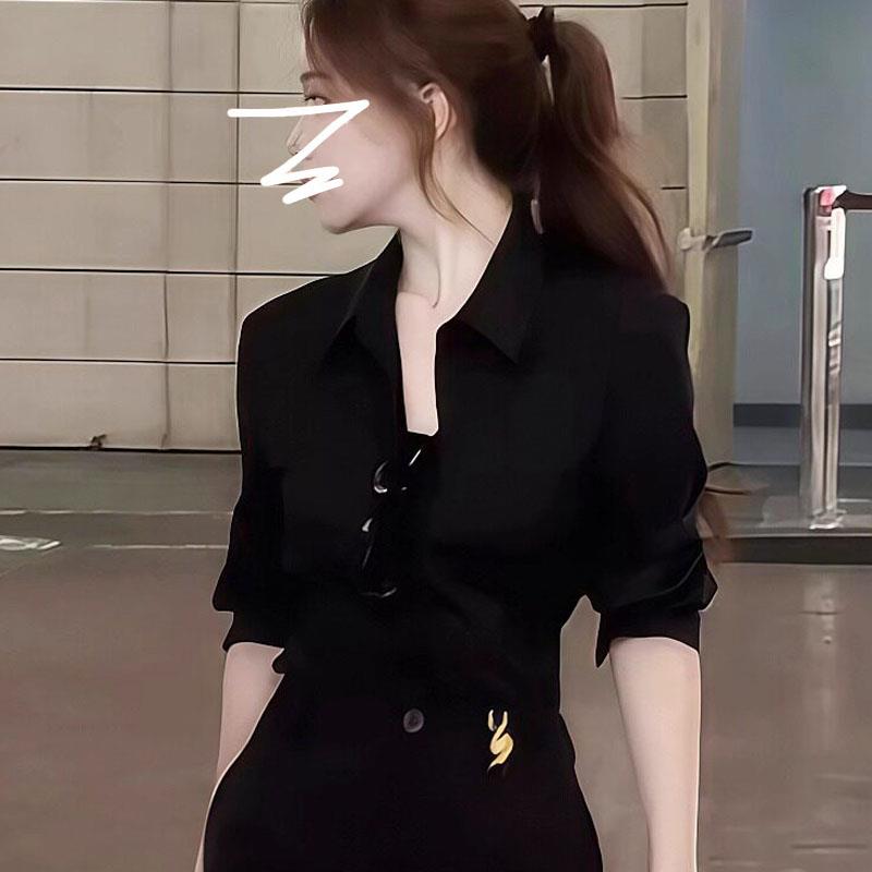新品高级感翻领长袖黑色衬衫女装2026春秋季欧货小衫许妍同款穿搭