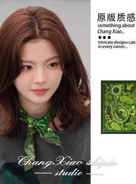 向往的生活杨超越同款绿色腰果花方巾法式复古民族风领巾穿搭配饰