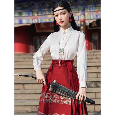 新品马面裙搭配的上衣新中式国风立领对襟衬衫女日常上班穿古风衬
