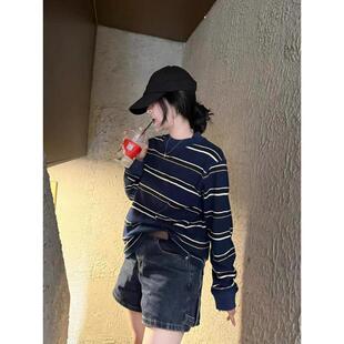 新品小个子藏蓝色条纹圆领无帽卫衣女早秋季美式慵懒百搭宽松短款