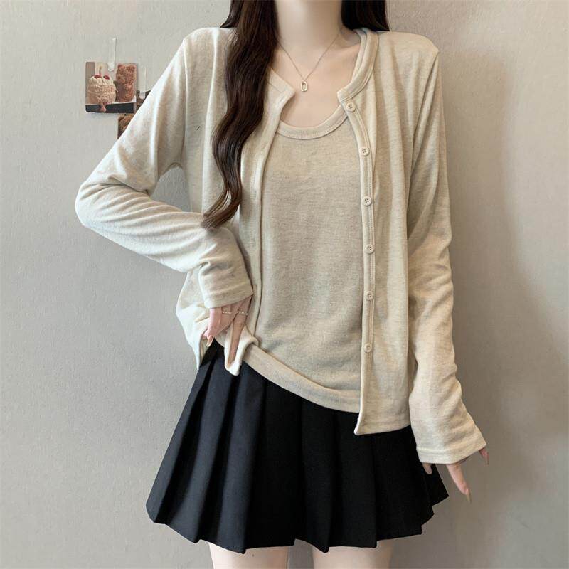 新品大码针织吊带开衫套装女韩系简约胖mm时尚叠穿背心两件套上衣