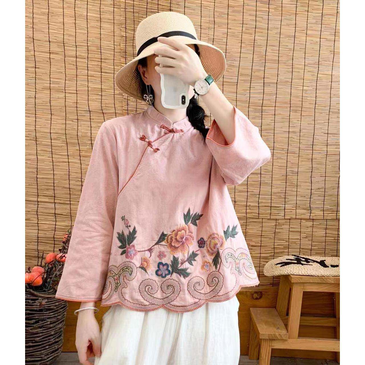 新品复古国风盘扣刺绣上衣2026早秋新款中式立领衬衫女士长袖棉麻