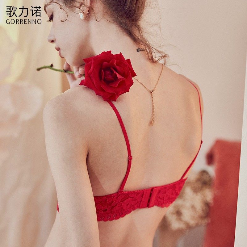 歌力诺红色内衣裤女本命年属虎结婚新F娘蕾丝大胸显小聚拢文胸套