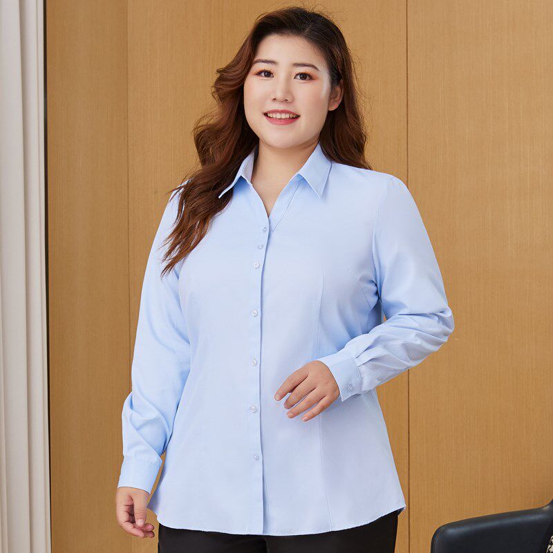 胖MM200斤长袖白衬衫qV领加肥加大码衬衣斜纹工作服中长款宽松职