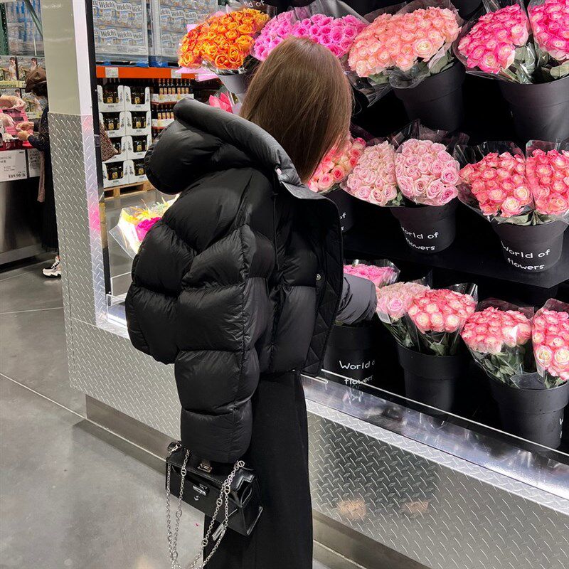 黑色连帽保暖加厚短款羽绒棉服女冬季小个子棉袄粉红色Z棉衣面包
