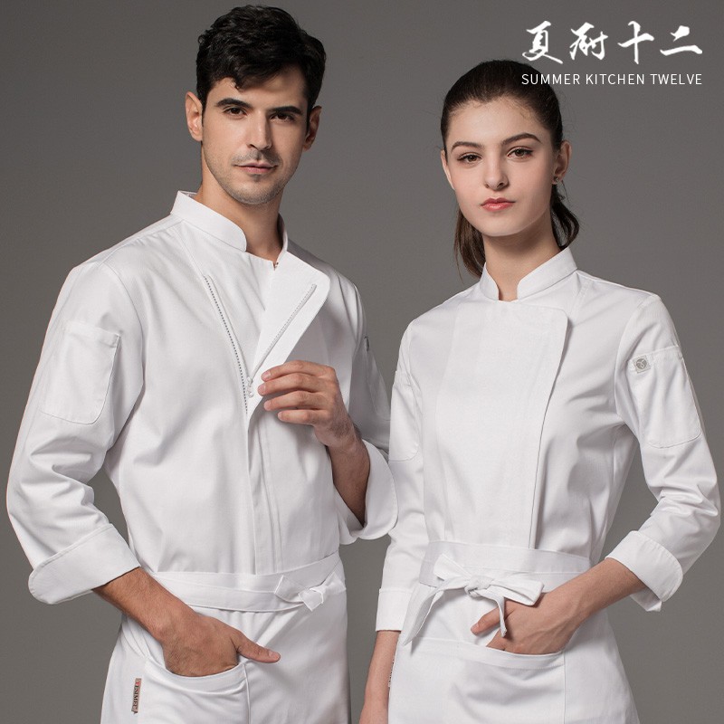 西餐厅高档长袖厨师服 聚酯v纤维酒店厨房工作服 饭店主厨拉链工