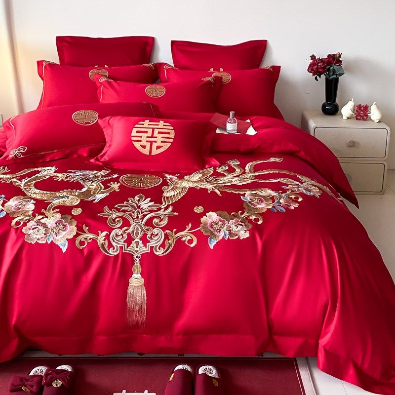 中式龙凤刺绣婚庆四件套全棉被套大红I色陪嫁送礼结婚床上用品,床上用品,婚庆床品套件,淘宝优惠券,粉丝福利购,淘宝优惠卷