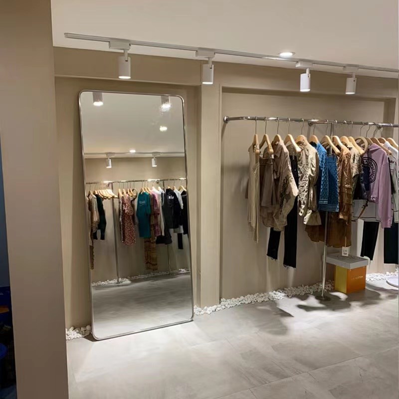 服装店试衣镜全身镜带轮子可移动不锈钢镜子服装店W镜子显瘦美颜