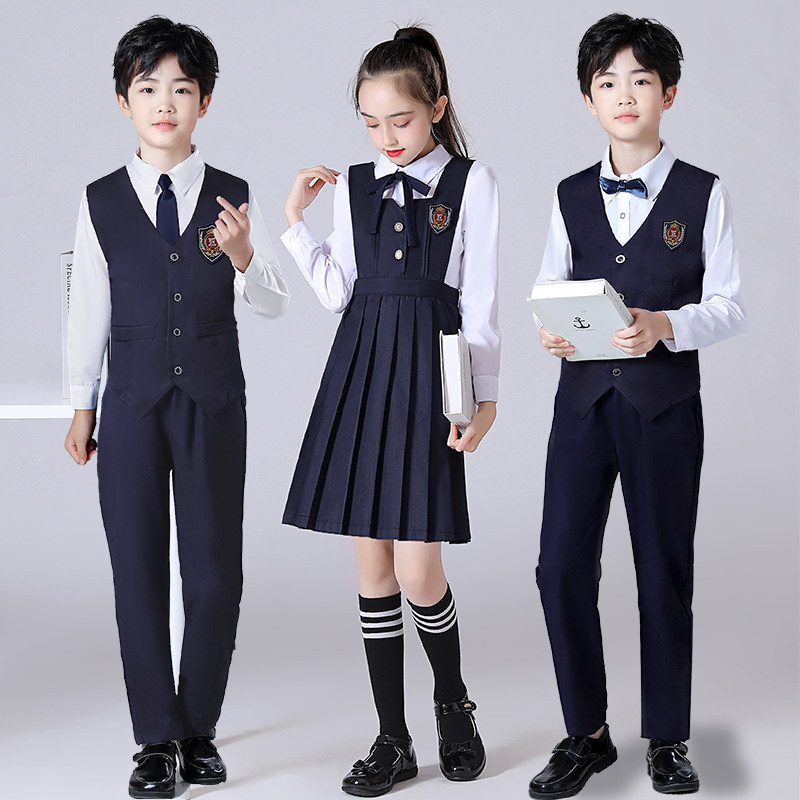 英伦学院风儿童舞台服 藏蓝色百褶校服聚酯纤维班T服适用17岁以下