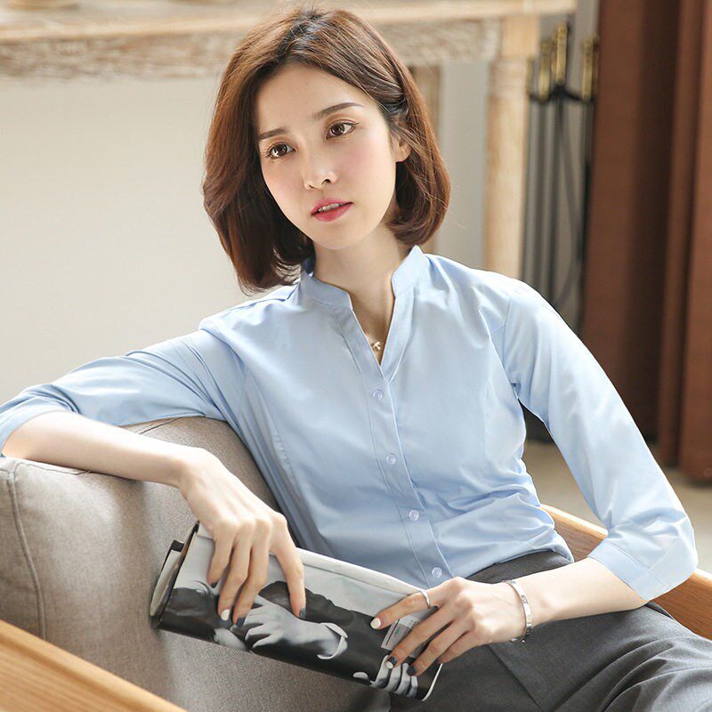 女士白色衬衫 新款中袖七分袖职C业装半袖正装工作服女士职业衬衣