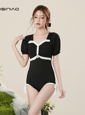 连体泳衣女夏2024o新款爆款海边保守显瘦遮肚平角仙女范小胸游泳