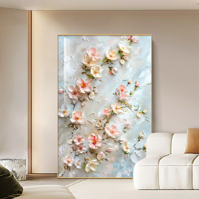 粉色桃花客厅g装饰画奶油风花卉肌理感落地画招旺桃花民宿玄关挂
