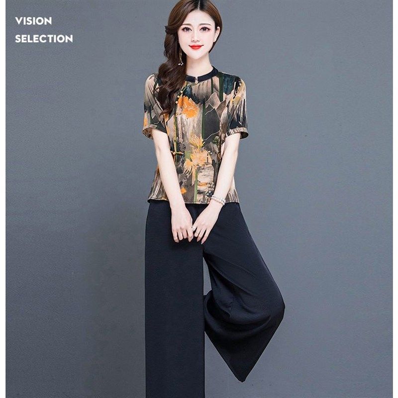 中年时尚休闲f套装2023新款夏装女贵妇人阔腿裤妈妈装气质两件套,女装/女士精品,时尚套装,淘宝优惠券,粉丝福利购,淘宝优惠卷