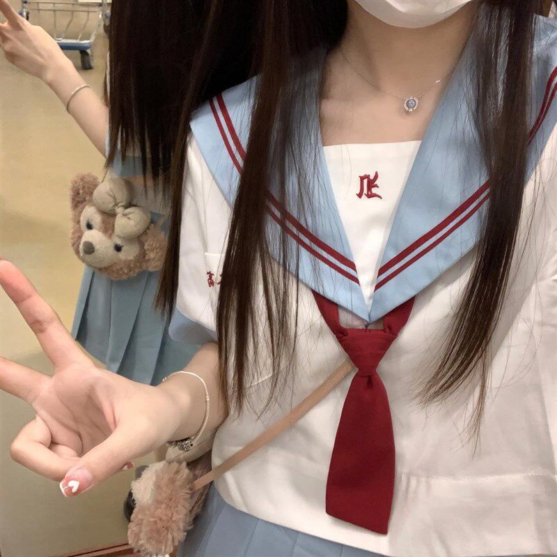 春日部【濑谷高】二本蓝色领中间/夏F服jk制服水手服女漫画校供感
