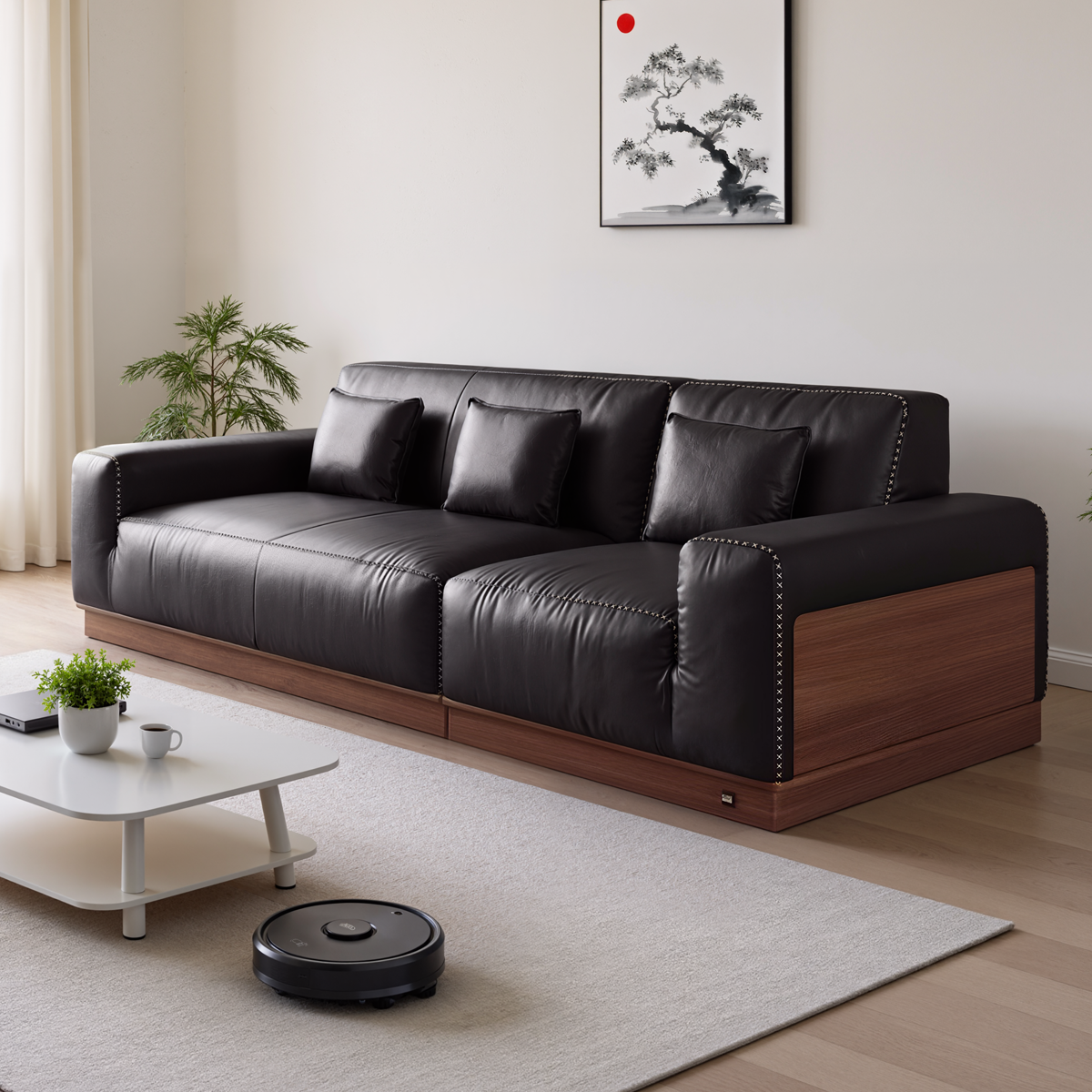 顾家家居实木白蜡木真皮直排沙发