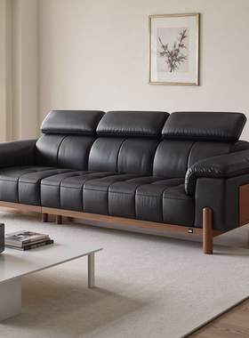 顾家家居实木白蜡木实木中古风2025新款家用客厅头层真皮直排沙发