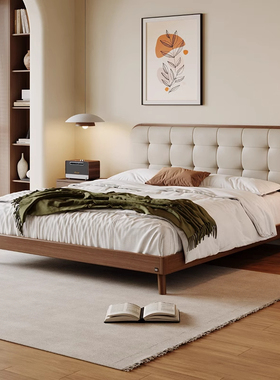 顾家家居实木床中古风胡桃木全实木床头层牛皮软包小户型双人床