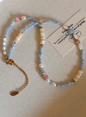 春夏清新粉蓝小众串珠项链气质百搭高级感锁骨链新款甜美颈链女生