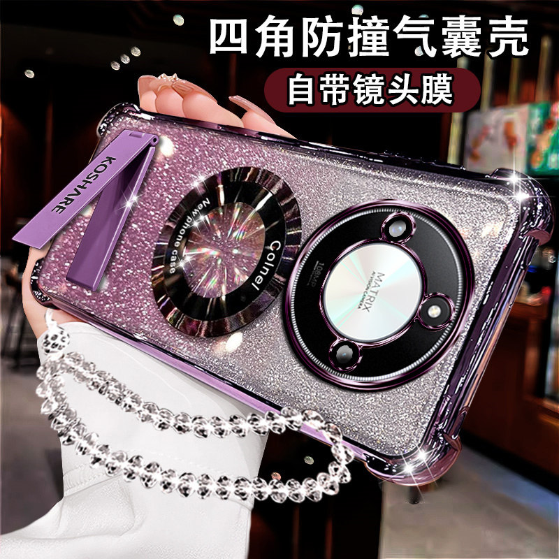 适用华为荣耀X70网红手机壳新款闪粉女honorX60磁吸支架MTN-AN00镜头膜全包X70四角防摔X60软壳x50气囊保护套