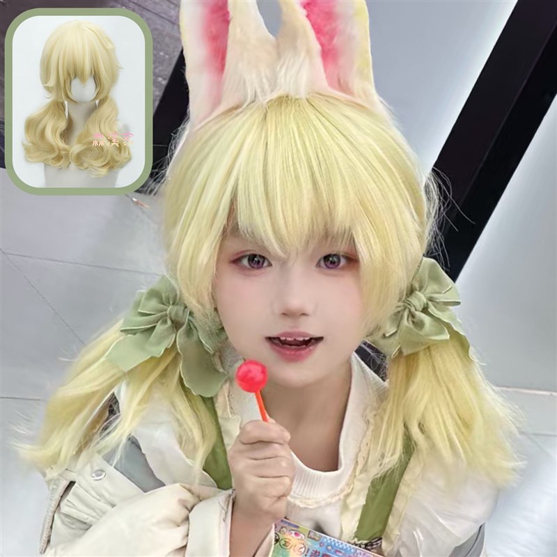六一儿童假发cos小玉非人哉长卷发浅金动漫空气刘海双马尾萝莉风