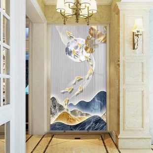 饰画现代轻奢高级感入户客厅走廊过道壁画竖版 九鱼迎月玄关装 壁纸