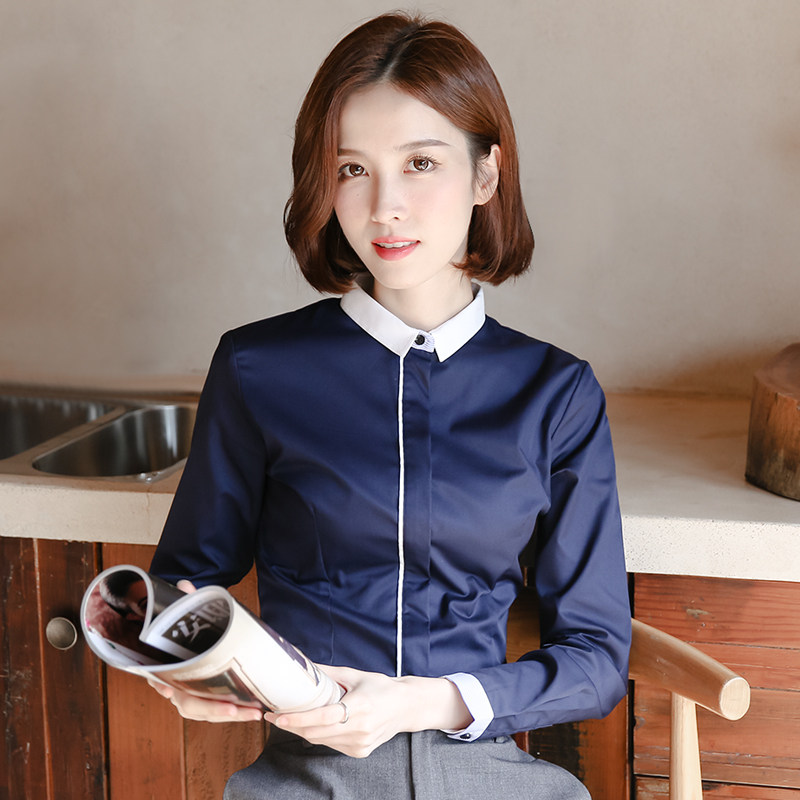 宝蓝色撞色衬衫女职业长袖2021春秋新款条纹工作服V小领白衬衣正