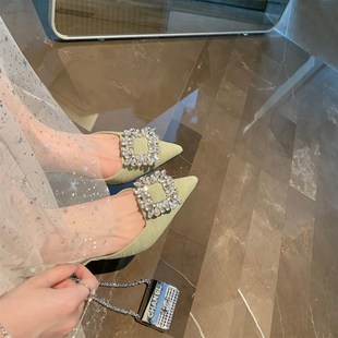 女夏季 细跟q高跟方扣水钻尖头后空单鞋 包头凉鞋 法式 41一4 大码 女鞋