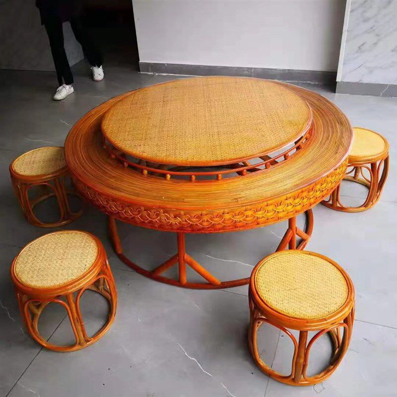 藤编西双版纳云南傣族纯s手工双层转动竹编饭厅餐桌竹桌子藤桌藤