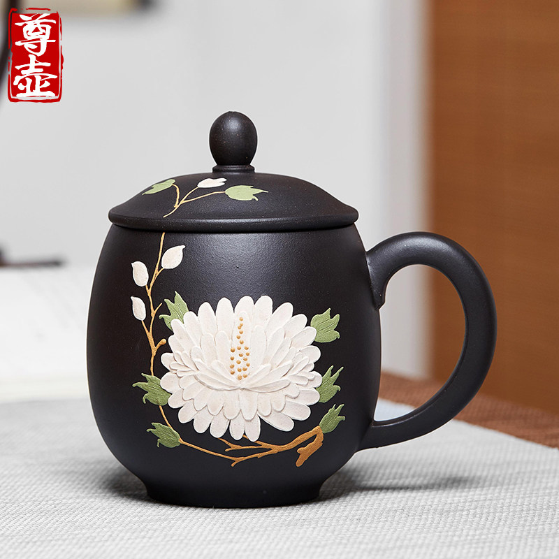 宜兴紫砂杯泥绘牡丹办q公盖杯大容量带把泡茶杯子茶缸陶瓷功夫茶