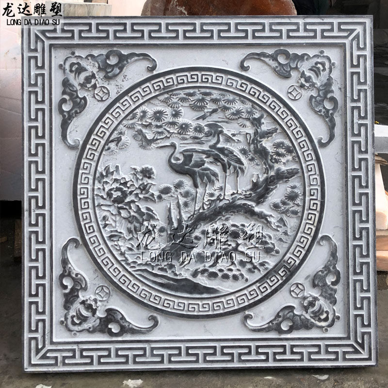 石雕浮雕圆形松鹤壁画大理石雕刻迎客松牡丹回纹S边框庭院墙壁装